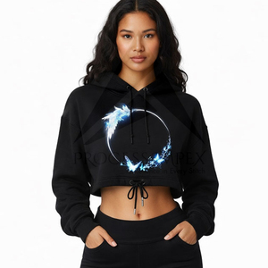 Women's <b>Black</b> Cropped Hoodie With Blue <b>Wings</b> Print Casual Cotton Sweatshirt Front Logo Pockets Autumn Wear - Product Image 1