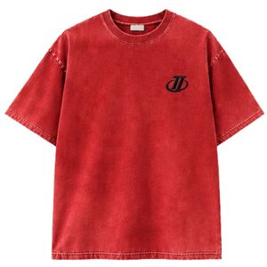 Vintage Washed <b>Red</b> <b>Oversized</b> Cotton T <b>Shirt</b> with Embroidered Chest Logo Unisex Streetwear Tee - Product Image 1