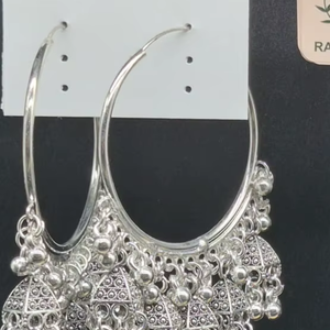 Indian Silver Plated <b>Large</b> Hoop Earrings Hanging Filigree Jhumka Drops Ghungroo <b>Bead</b> Jewelry Wholesale Set - Product Image 1