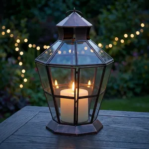 Hexagon <b>Brass</b> <b>Lantern</b> With Glass Panels Durable Outdoor Candle Holder Home Decoration - Product Image 3