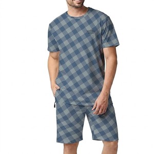 Ensemble t-shirt et short à carreaux bleus pour hommes, tenue d'été décontractée imprimée, deux pièces, col ras du cou, ensemble de vêtements de sport assortis - Product Image 1