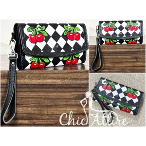 OEM & ODM Personalized Black & White Checkered Leather Wallet With <b>Wristlet</b> New Cherry Design Genuine Leather Women's Clutch - Product Image 1