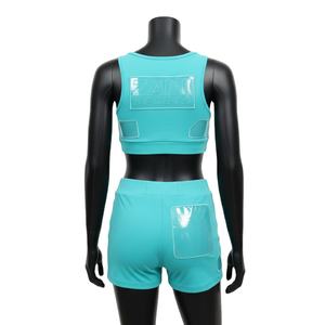 Ensemble short et haut pour femme en polyester et élasthanne de qualité supérieure, bleu aqua, avec empiècements contrastants et logo en relief par transfert thermique, en coton - Product Image 2