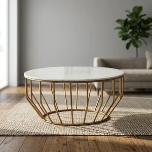 Mesa de Centro Redonda con Tapa de Madera Blanca y Base de Metal Dorado, Diseño Moderno, Fácil de Limpiar, Muebles para Sala de Estar - Product Image 3