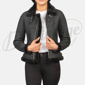 Women Black Distressed Real <b>Leather</b> <b>Jacket</b> Black Faux Fur Trim Slim Fit Premium Sheepskin Winter Biker Outerwear Coat - Product Image 6