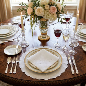 Custom Embroidered Luxury White Dots Circle <b>Placemats</b> Napkins Sets Washable Scallop Border Linen Mats for Weddings Home - Product Image 2