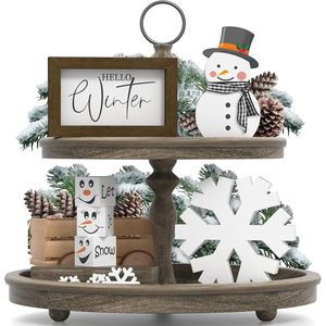 Decorazioni natalizie/invernali per vassoi a più livelli, set da 6 pezzi, con scritta 'Hello Winter', fiocchi di neve, pupazzi di neve, cartelli da tavolo 'Let IT Snow', vassoi decorativi in legno - Product Image 2