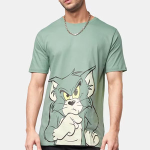 T-shirt vert à manches courtes pour homme avec imprimé dessin animé Tom, col rond, coupe classique, en jersey de coton, design décontracté, logo sur le devant - Product Image 1