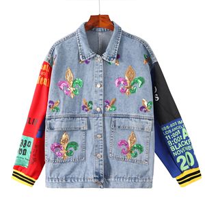 Vintage Style Women's Varsity <b>Jacket</b> Collar Horn Button Closure Autumn Casual Outerwear <b>Sequins</b> Embroidery Waterproof Cotton - Product Image 1