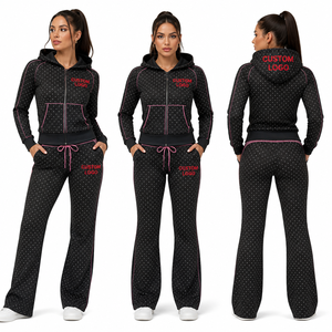 Custom Logo Women Pink <b>Rhinestone</b> Full Zip Sweatshirt Long Pants 2 Piece Tracksuit Set Casual Sportswear Fleece Material - Product Image 3