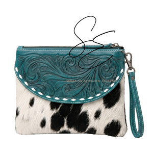 Artisan Hairon Cowhide Zipper Clutch Bag Turquoise Handmade Western Leather <b>Wristlet</b> Pouch for Ladies Daily Use Women Purse - Product Image 1