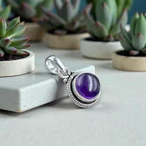 Collier pendentif en argent améthyste violette, argent sterling 925, fait main, cabochon rond, bijoux en pierres précieuses, chaîne de 20 pouces - Product Image 4
