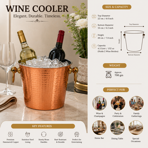 Cubo enfriador de vino de cobre martillado con asas de latón y revestimiento de acero inoxidable, enfriador de bebidas para fiestas, bares y hoteles - Product Image 5