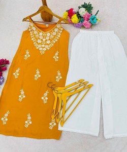 <b>Women</b> Yellow Rayon Embroidered Vintage Quick Dry <b>Kurta</b> Palazzo Set Traditional Casual Wear India Pakistan Style Midi Length - Product Image 4