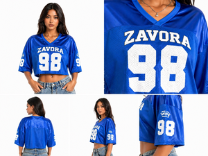 T-shirt court tendance bleu pour femme, imprimé, en maille respirante, à manches courtes, col en V, coupe ample, style maillot de football américain, streetwear sportif - Product Image 3
