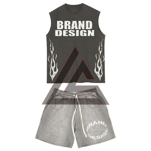 โรงงานผู้ผลิตเสื้อกล้ามและกางเกงขาสั้นชุดเซ็ตฤดูร้อนผ้าฝ้าย 100% ซักกรดแบบเรียบ สำหรับผู้ชาย คุณภาพสูง - Product Image 5