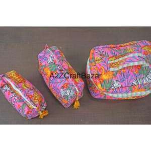 Ensemble de 3 trousses de toilette et de maquillage en coton imprimé à la main, grand format, avec fermeture éclair, imperméables, écologiques, durables, pour le voyage - Product Image 4
