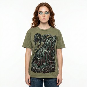 Camiseta gráfica para mujer con estética oscura de cascada de sangre, estampado artístico de esqueleto en el río, camiseta de algodón verde oliva, top personalizado para mujer - Product Image 1