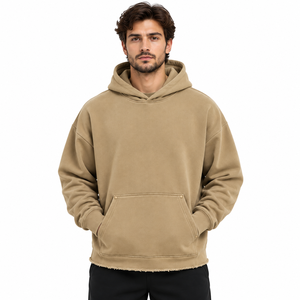 เสื้อฮู้ดดี้โอเวอร์ไซส์สีกากีสำหรับผู้ชาย ผ้าฝ้าย 100% กันยับ น้ำหนัก 400 กรัม ผ้าฟลีซ มีกระเป๋าหน้า สไตล์ลำลอง สตรีทแวร์ รับผลิตแบบ OEM - Product Image 1