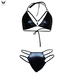 Faux Leather Clubwear <b>Bra</b> & Briefs Set Fashion Lingerie For Nightclub, Rave & Stage Performance Women Leather <b>Bra</b> & Briefs - Product Image 6