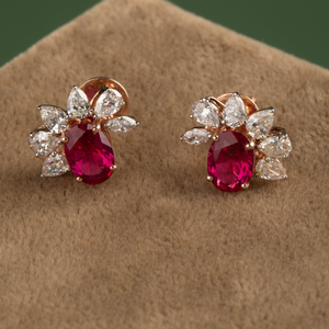 Boucles d'oreilles clous en or rose 14 carats avec diamants poire et marquise de 0,95 carat au total et pierres précieuses rouges, bijoux floraux élégants, cadeau - Product Image 1