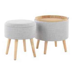 Pouf di stoccaggio in tessuto grigio chiaro con gambe in legno naturale vassoio contemporaneo e sgabello abbinato - Product Image 4