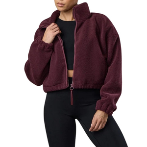 Burgundy Fleece <b>Jacket</b> Women Stand Collar Zipper Closure <b>Short</b> Length Full <b>Sleeve</b> Solid Color Autumn Wear - Product Image 1