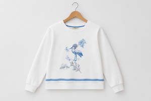 <b>White</b> Women's Crew Neck <b>Sweatshirt</b> with Blue Crane Floral Embroidery Crystal Logo Print Full Sleeve Knitted Spring Style - Product Image 1