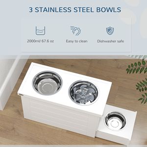 Ciotole Rialzate Bianche per Cani con Tappetino Anti-ingozzamento e Mobiletto Contenitore, 3 Ciotole in Acciaio Inossidabile per Cani di Taglia Grande ed Extra Grande - Product Image 6