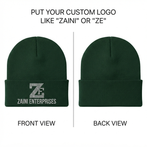 Bonnet pour homme en acrylique tricoté 320 GSM de qualité supérieure, vert foncé, avec logo personnalisé, strass, broderie par transfert thermique, marque privée, OEM - Product Image 1