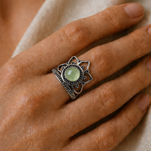 Moonleaf Prehnite Lotus Crown <b>Ring</b> <b>Silver</b> Plated Brass Bezel Setting Bohemian Style Natural Gemstone Artisan Jewelry - Product Image 3
