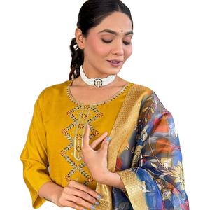 2024 nouveau Design brodé à la main Chanderi soie coupe droite filles Kurti ensembles tenue décontracté fantaisie numéro de modèle - Product Image 1