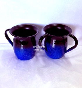 Judaica Ritual <b>Blue</b> <b>Glitter</b> Enamel Double Handle Stainless Steel Handcrafted Spring Foliage Pattern Hand Washing Mug Jewish - Product Image 2