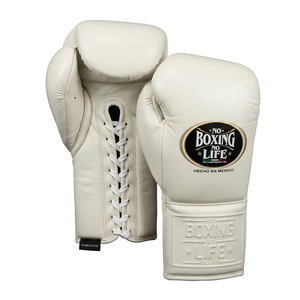 Gants de boxe MMA Sanda style mexicain à lacets No Boxing No Life Pro, en cuir véritable, avec poignées intégrales, logo personnalisé, gants blancs - Product Image 1