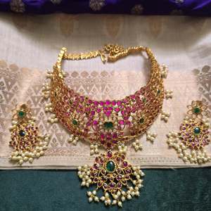 Kempu Women's Gold Plated Brass Choker Necklace and Earring Jewelry Set with Oxidized Polish for Party - Product Image 2