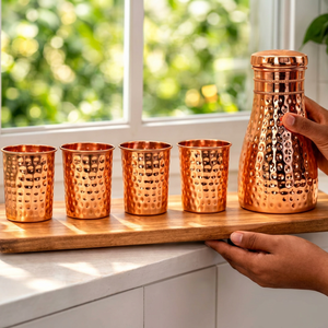Juego de botellas de agua de cobre brillante con tapas de textura martillada incluidas, diseño tradicional, artículos para beber en el hogar - Product Image 1