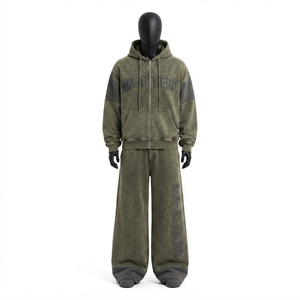 Conjunto de chándal de dos piezas: sudadera con capucha extragrande con cremallera en verde oliva lavado a medida y pantalones de chándal de pierna ancha - Product Image 2