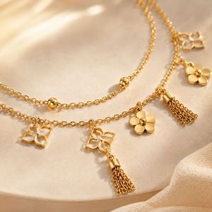 Tobillera de acero inoxidable de doble capa con diseño de flores estilo boho para mujer, tobilleras boho - Product Image 2
