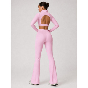 Pink Yoga Set 2 Piece Crop and Flared Pants <b>Long</b> <b>Sleeve</b> <b>Workout</b> Outfit Women Gym Wear - Product Image 3
