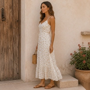 Robe midi à imprimé floral avec bretelles spaghetti, taille à cordon de serrage et ourlet superposé, style bohème, robe d'été décontractée - Product Image 4