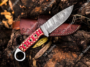 มีดเหล็กดามัสกัสเกรดอุตสาหกรรม ด้ามจับแบบเต็มด้าม ปลายมีดแบบดรอปพอยต์ ผลิตด้วยมือ สำหรับกิจกรรมกลางแจ้ง แคมป์ปิ้ง ยุทธวิธี เอาตัวรอด มีรูสำหรับนิ้ว OEM/ODM - Product Image 4