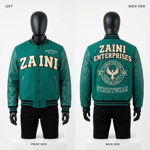 เสื้อแจ็คเก็ตวาร์ซิตี้ ZAINI พรีเมียม 500 GSM ผ้าวูลผสม กันลม สีเขียวอมฟ้า แขนสีดำ ปักลายเชนิลล์ โลโก้สั่งทำได้ สไตล์สตรีทแวร์ - Product Image 1