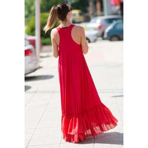 เดรสยาวสีแดงสำหรับผู้หญิง แขนกุด ทรงหลวม สไตล์ลำลอง สำหรับฤดูร้อน ชายระบาย ดีไซน์หรูหรา เป็นมิตรกับสิ่งแวดล้อม ซักได้ เอวเข้ารูป - Product Image 4