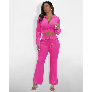 <b>Pink</b> Velvet Cropped Hoodie And Jogger Pants <b>Set</b> Full Zip Long Sleeve Loose Fit Casual Two Piece <b>Tracksuit</b> - Product Image 4