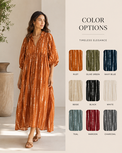 Vestido de Fiesta Marrón para Mujer, Estilo Bohemio, Tie Dye, 100% Algodón, Largo hasta el Suelo, Cuello en V, Manga Abullonada, Corte Moderno - Product Image 2