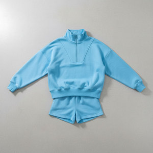 Women Oversized Half <b>Zip</b> Sweatshirt Set Custom Logo Tracksuit 2 Piece Shorts Set Casual Fleece Pullover Hoodie Set - Product Image 4