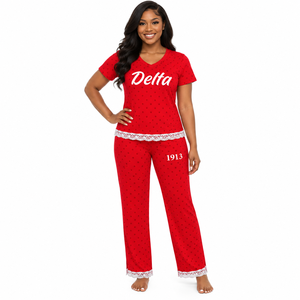 Vente en gros de Delta grec |   Sigma |   Ensemble de pyjama 2 pièces pour femmes Theta Sorority, à pois, avec bordure en dentelle, ensemble de vêtements de nuit et de détente - Product Image 1