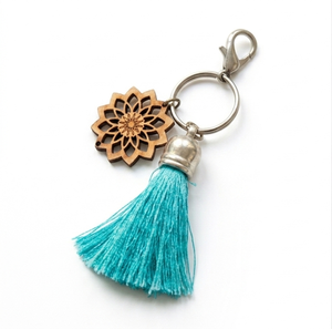 Wooden Mandala <b>Key</b> <b>Tassel</b> With Turquoise Fringe Decorative Keychain - Product Image 3