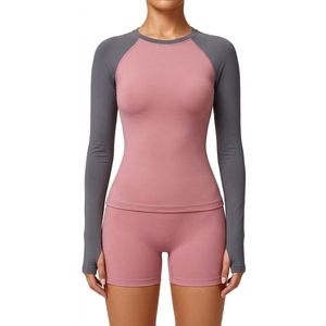 Two Tone Pink Charcoal Gym Shirts Durable Spandex Blend Crewneck Long Raglan Sleeve Quick Dry Breathable Active <b>Tops</b> - Product Image 2