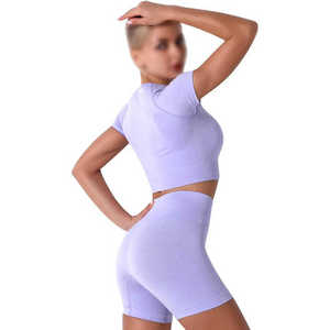 Lavender Yoga Set Crop Top High Waist Shorts Seamless <b>Racerback</b> Sports <b>Bra</b> Breathable Quick Dry Workout Wear By Twin City - Product Image 2